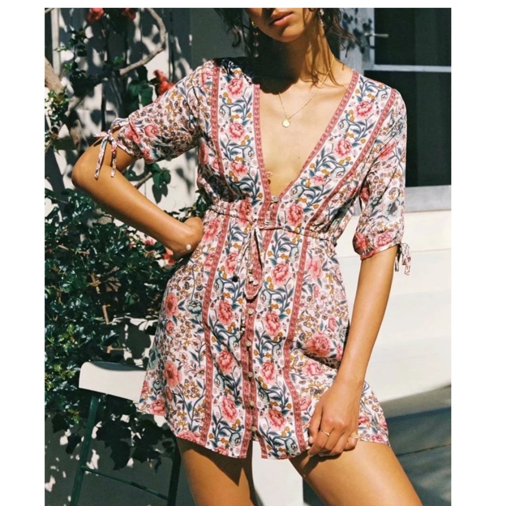 Bohemian Red Floral Button up Mini Dress - Picture 1 of 5